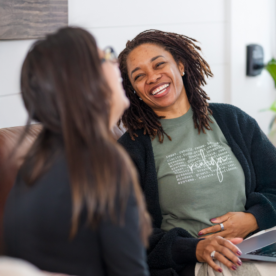 laughing with client